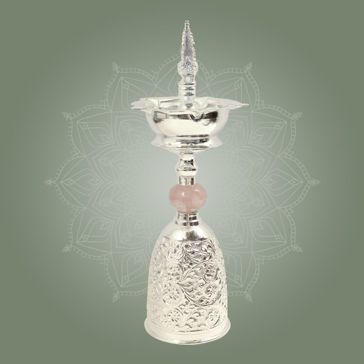Premium Silver Plated Samai Oil Lamp with Pink Stone - Brass Diya for Pooja - Luxeartisanship