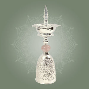 Premium Silver Plated Samai Oil Lamp with Pink Stone - Brass Diya for Pooja - Luxeartisanship