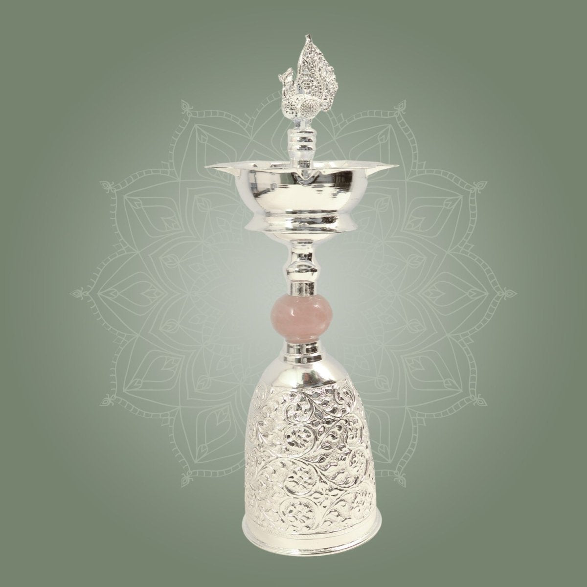 Premium Silver Plated Samai Oil Lamp with Pink Stone - Brass Diya for Pooja - Luxeartisanship