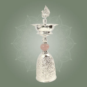 Premium Silver Plated Samai Oil Lamp with Pink Stone - Brass Diya for Pooja - Luxeartisanship