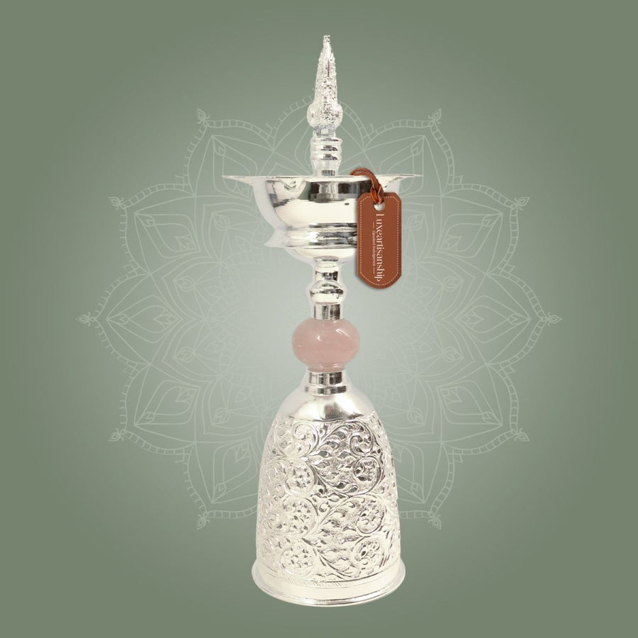Premium Silver Plated Samai Oil Lamp with Pink Stone - Brass Diya for Pooja - Luxeartisanship
