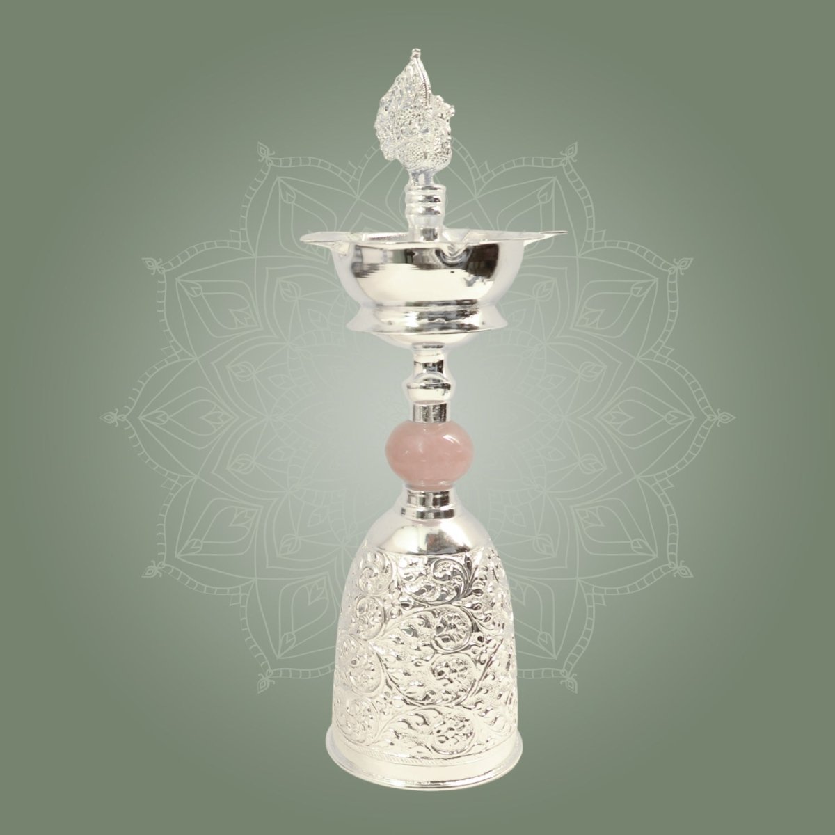 Premium Silver Plated Samai Oil Lamp with Pink Stone - Brass Diya for Pooja - Luxeartisanship