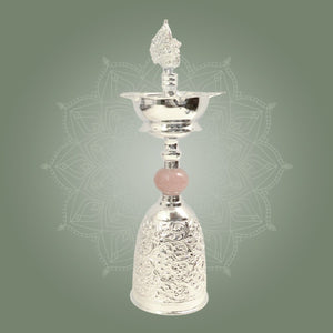 Premium Silver Plated Samai Oil Lamp with Pink Stone - Brass Diya for Pooja - Luxeartisanship