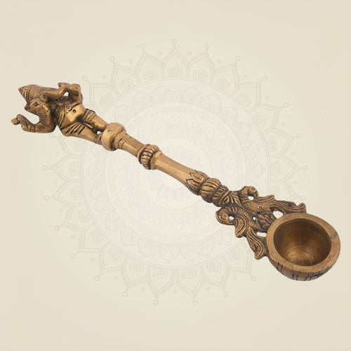 Pure Brass Ganesha Pooja Spoon – 9.5" Religious Accessory for Ritual Use