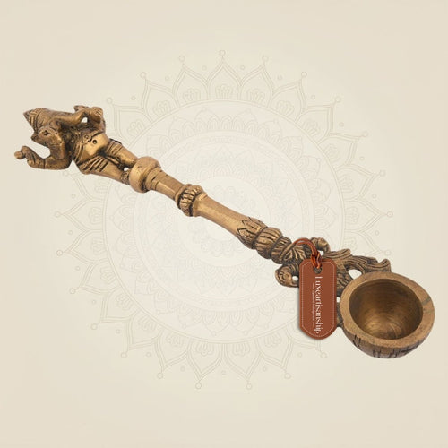Pure Brass Ganesha Pooja Spoon – 9.5" Religious Accessory for Ritual Use