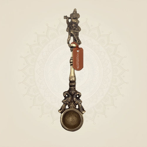 Pure Brass Krishna Hawan Spoon – 9.5" Handcrafted Pooja Accessory for Hawan