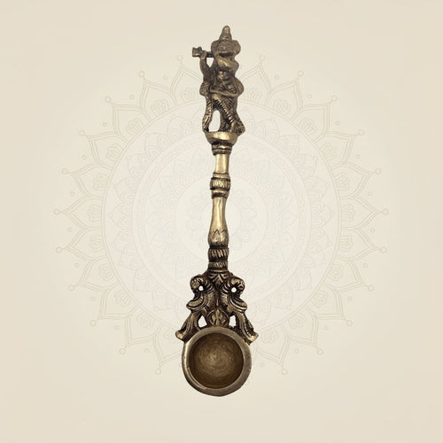 Pure Brass Krishna Hawan Spoon – 9.5" Handcrafted Pooja Accessory for Hawan