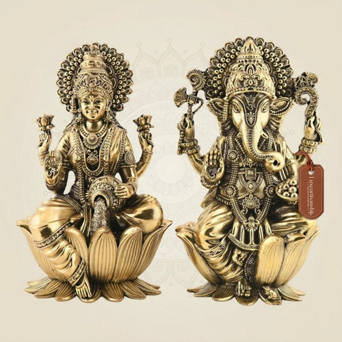 Pure Brass Lakshmi Ganesh Set 6" – Lightweight Handcrafted Idols on Lotus Base