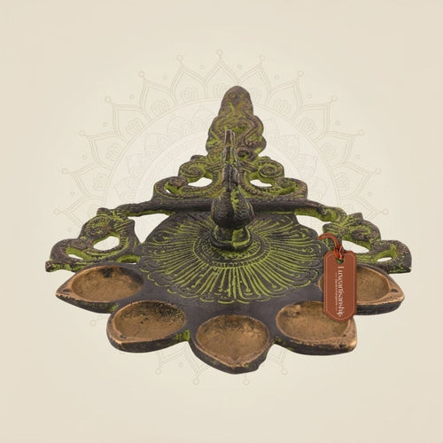 Pure Brass Panch Aarti Peacock Diya Artisan - 2.5"