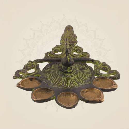 Pure Brass Panch Aarti Peacock Diya Artisan - 2.5"