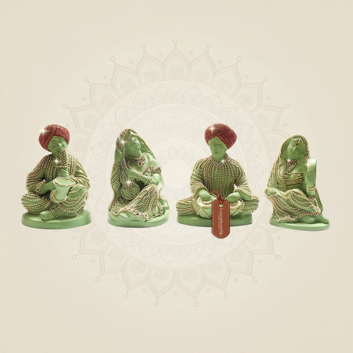 Rajasthani Musician Brass set of 4 Showpiece with Jewellery Stone Work Decor - Luxeartisanship