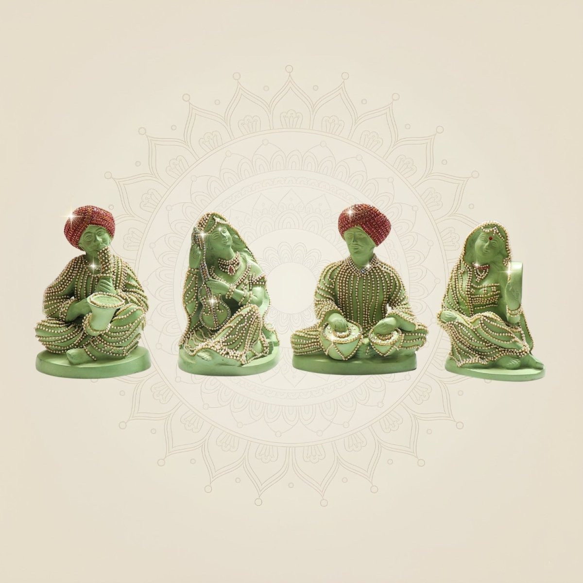 Rajasthani Musician Brass set of 4 Showpiece with Jewellery Stone Work Decor - Luxeartisanship