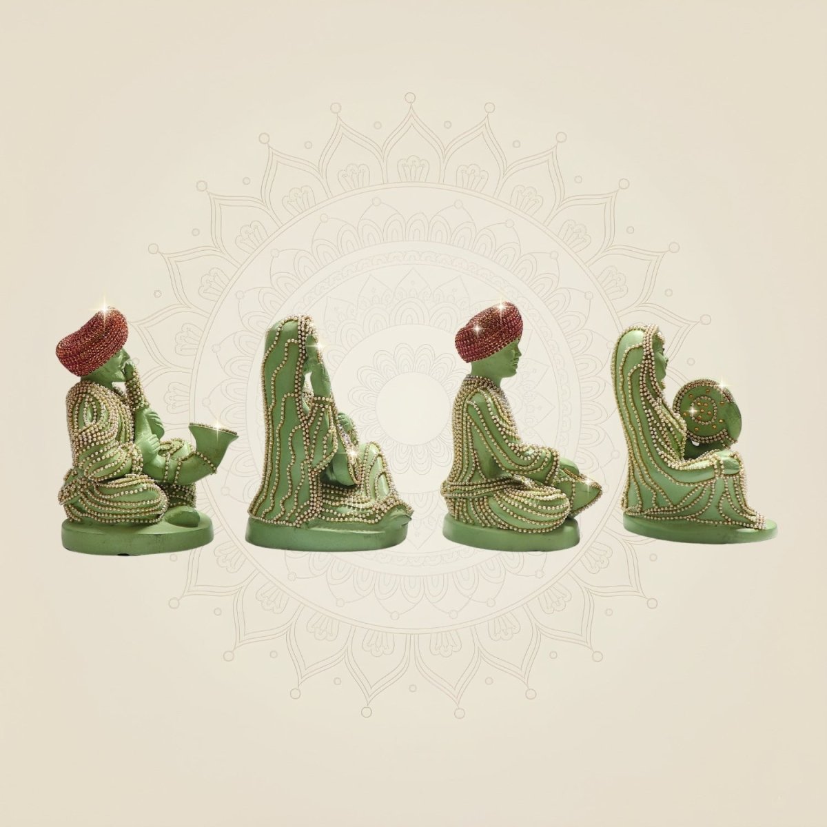 Rajasthani Musician Brass set of 4 Showpiece with Jewellery Stone Work Decor - Luxeartisanship