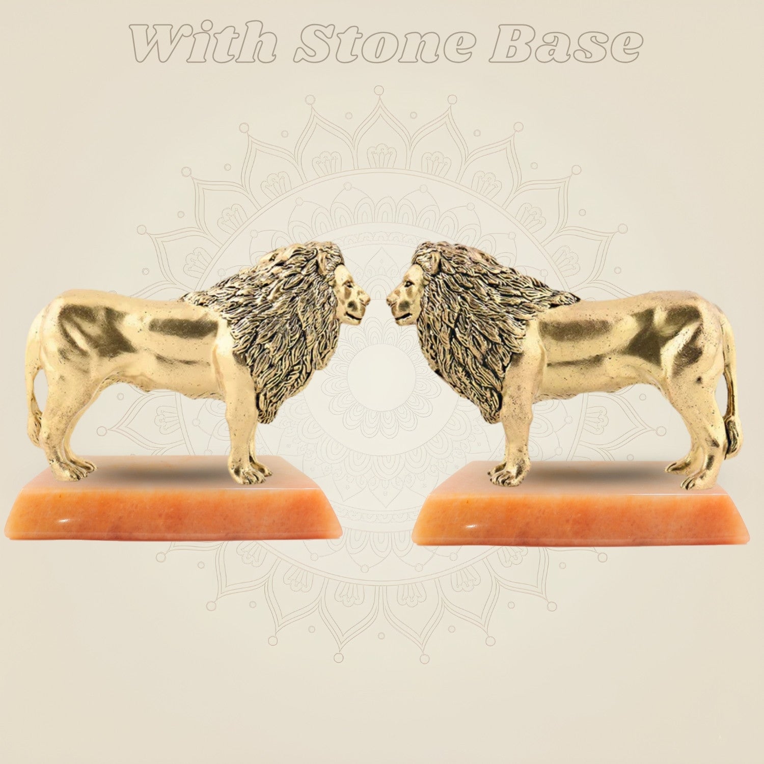Regal Lion Pair Brass Figurine with stone base
