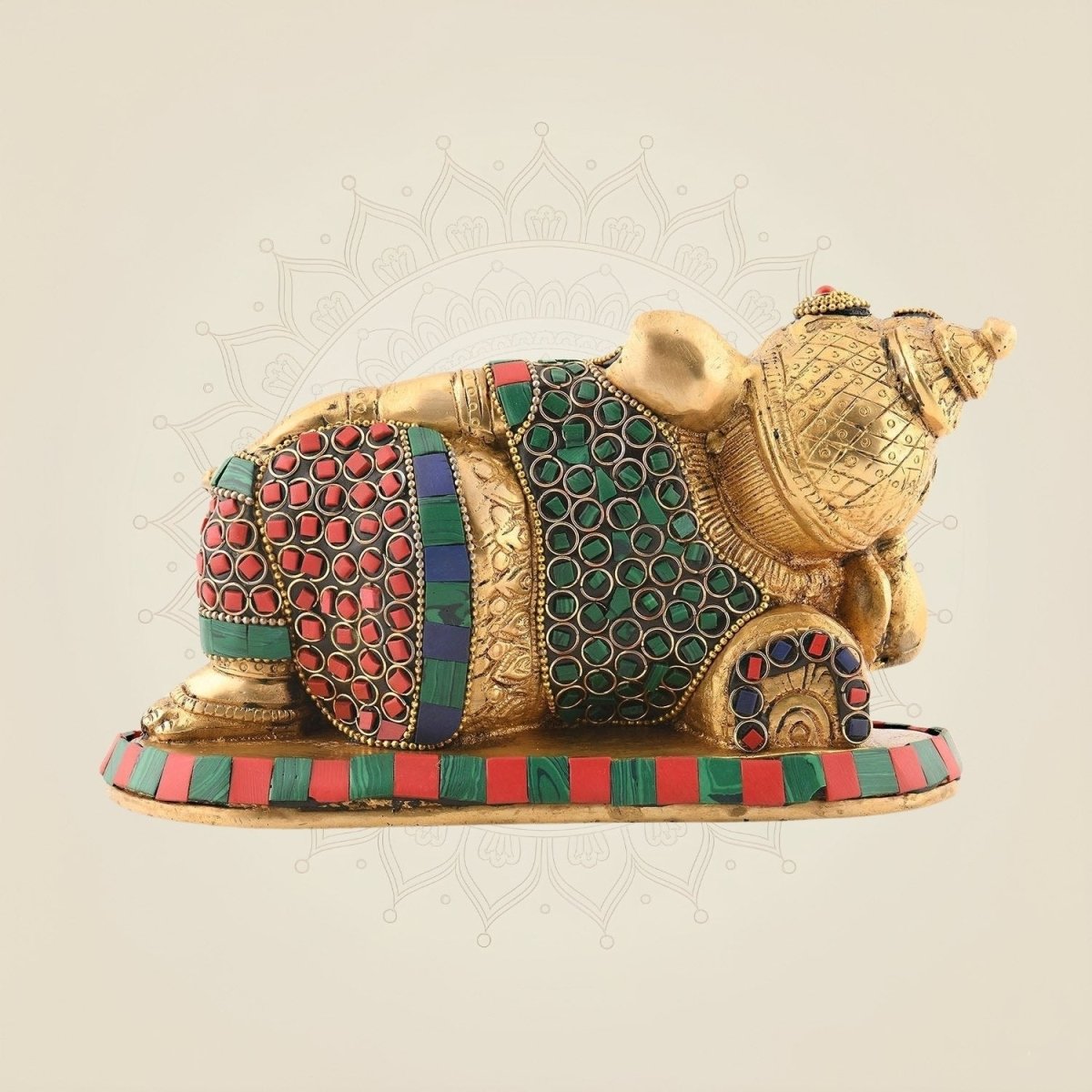 Relaxing Ganesha Brass Idol 4.5″ – Multicolor Stone Work Handcrafted Murti
