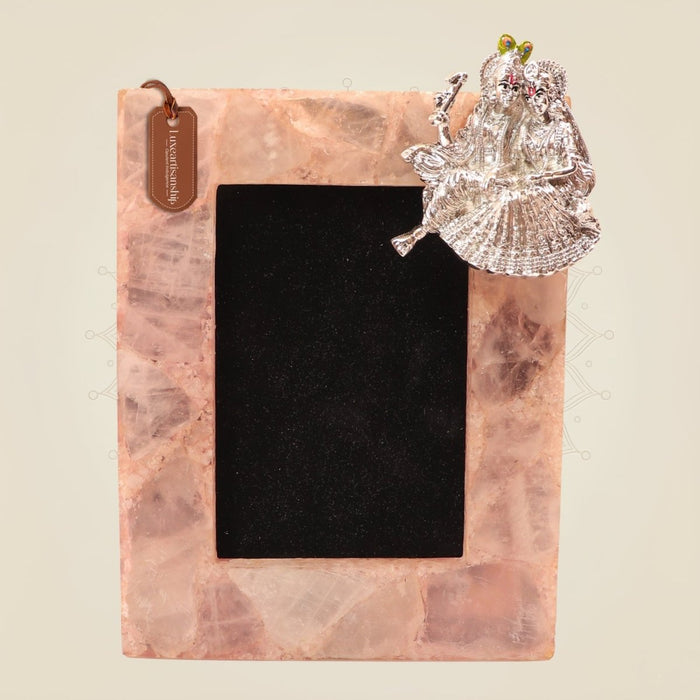 Rose Quartz Photo Frame with Silver-Plated Radha Krishna for Premium Gifting Décor
