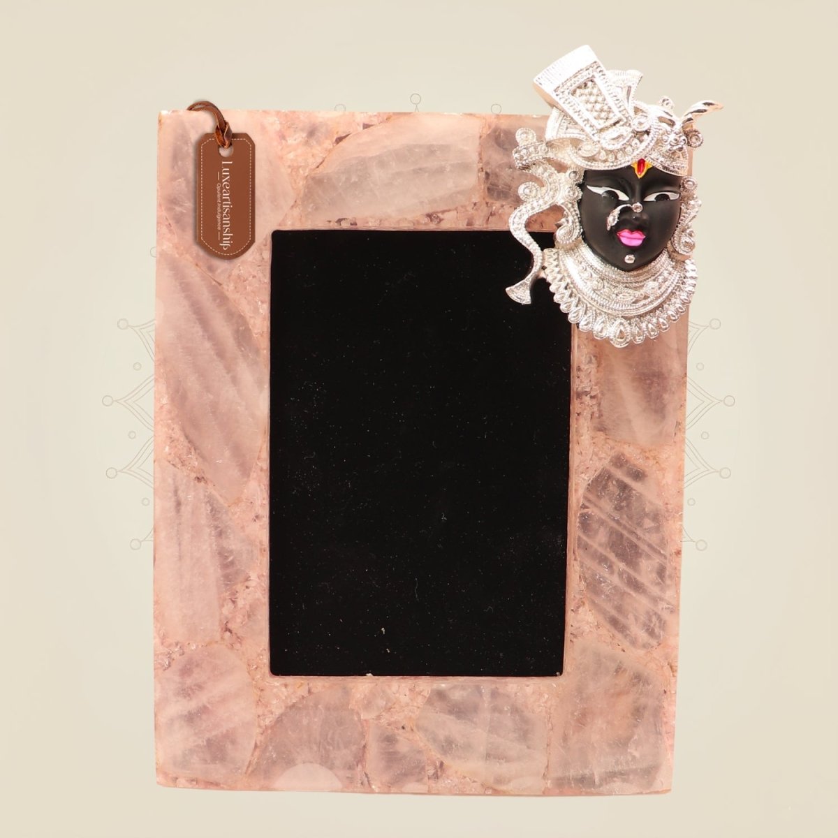 Rose Quartz Photo Frame with Silver-Plated Shrinathji Motif – Elegant Home Decor - Luxeartisanship