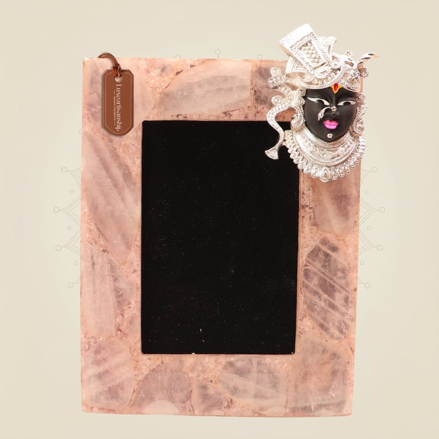 Rose Quartz Photo Frame with Silver-Plated Shrinathji Motif for Elegant Home Décor
