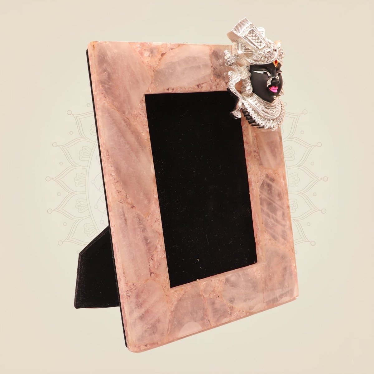 Rose Quartz Photo Frame with Silver-Plated Shrinathji Motif – Elegant Home Decor - Luxeartisanship
