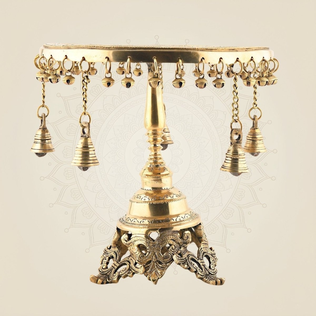 Round Brass Chowki with Hanging Bells & Ghungroos – 11" for Pooja & Decor - Luxeartisanship