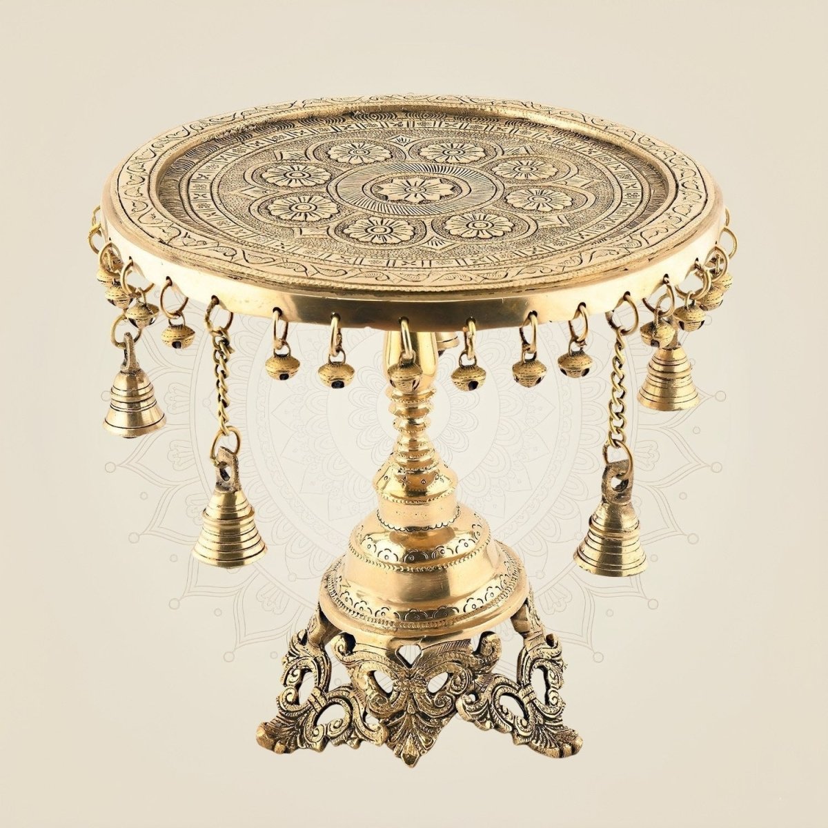 Round Brass Chowki with Hanging Bells & Ghungroos – 11" for Pooja & Decor - Luxeartisanship