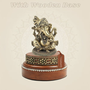 Brass Ganesha Murti on Round Wooden Base for Home Temple
