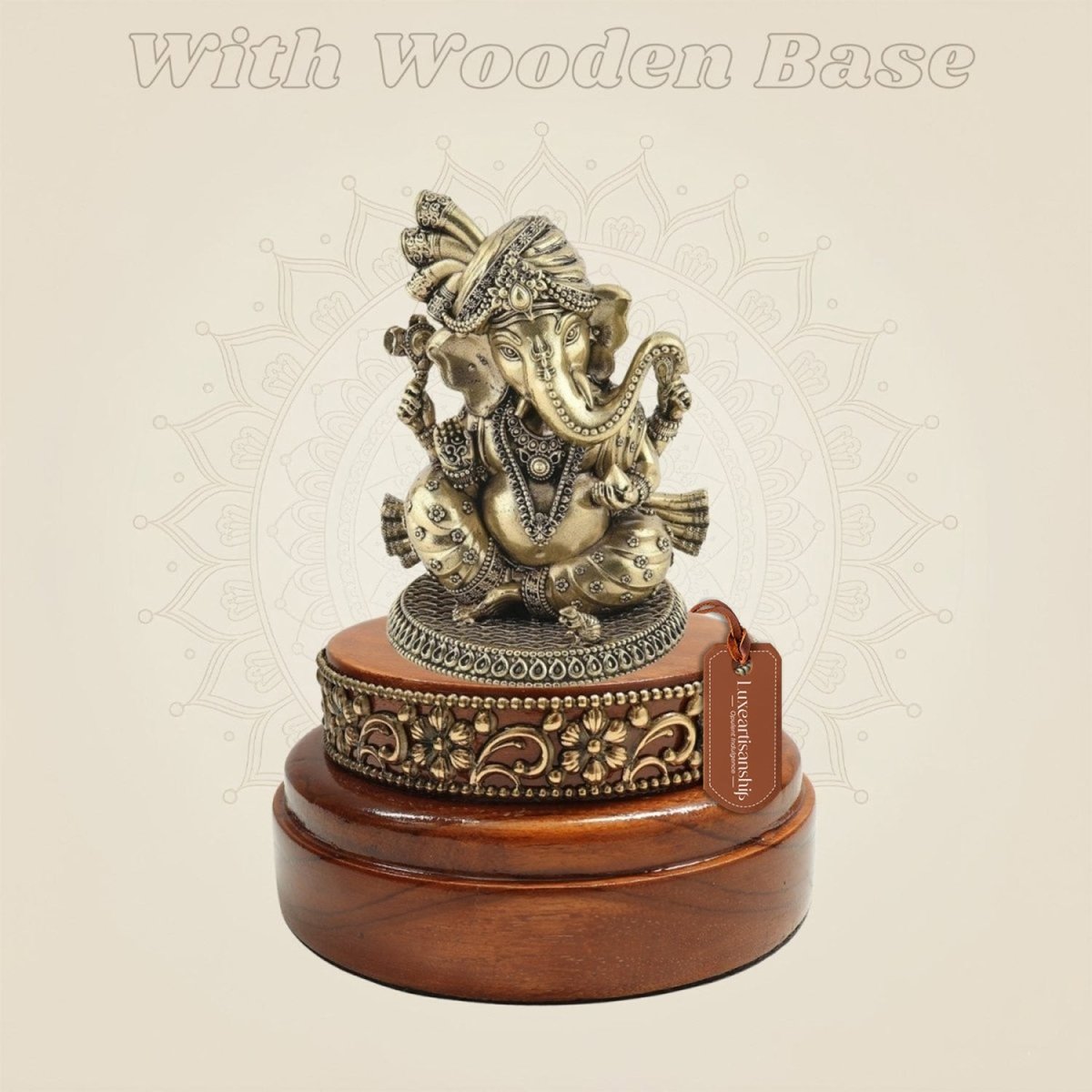 4 inch Brass Ganesha Idol in Graceful Form on Round Wooden Base