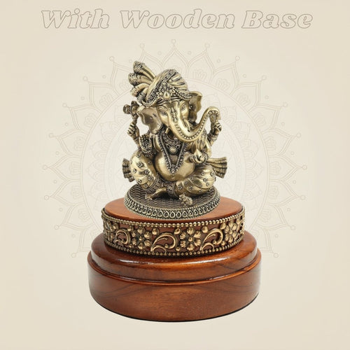 Round Wooden Base Highlighting a Brass Ganesha Idol 4" in Graceful Form