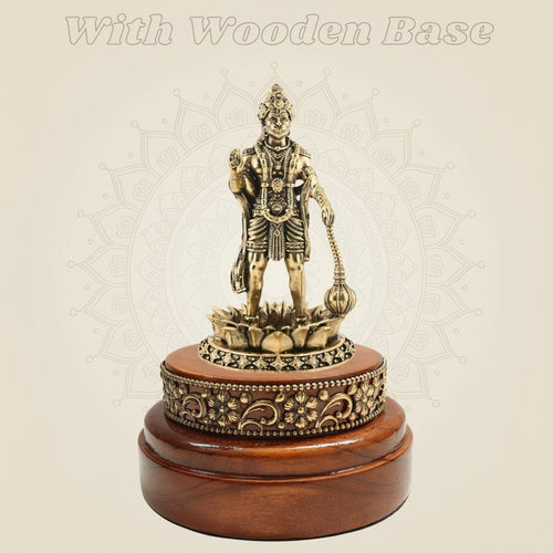 Round Wooden Base Supporting Sacred Brass Hanuman Idol 4"