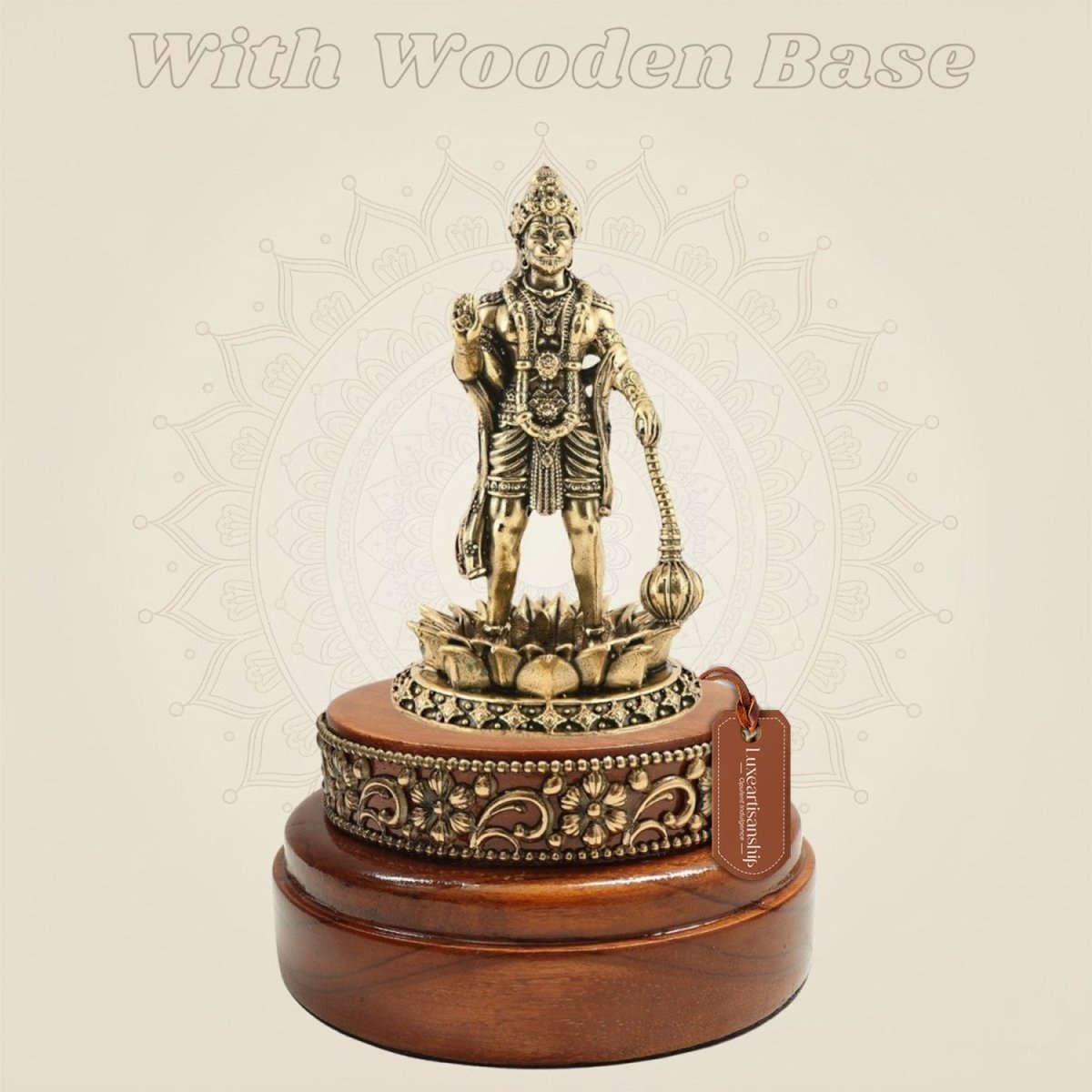 Wooden Base Supporting Sacred Brass Hanuman Idol