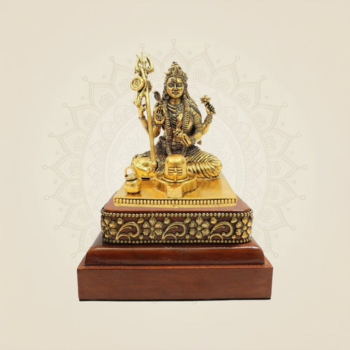 Sacred Ardhanarishwar Brass Idol 4.25" Form with Shivling on Square Wooden Base