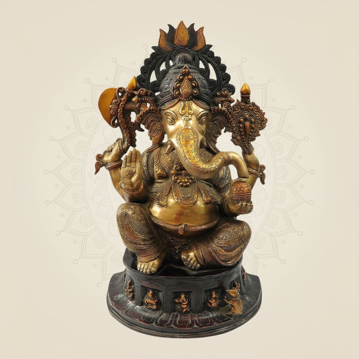 Seated Chaturbhuja Lord Ganesha Idol in Brass – Handmade Temple Statue 22.25" - Luxeartisanship