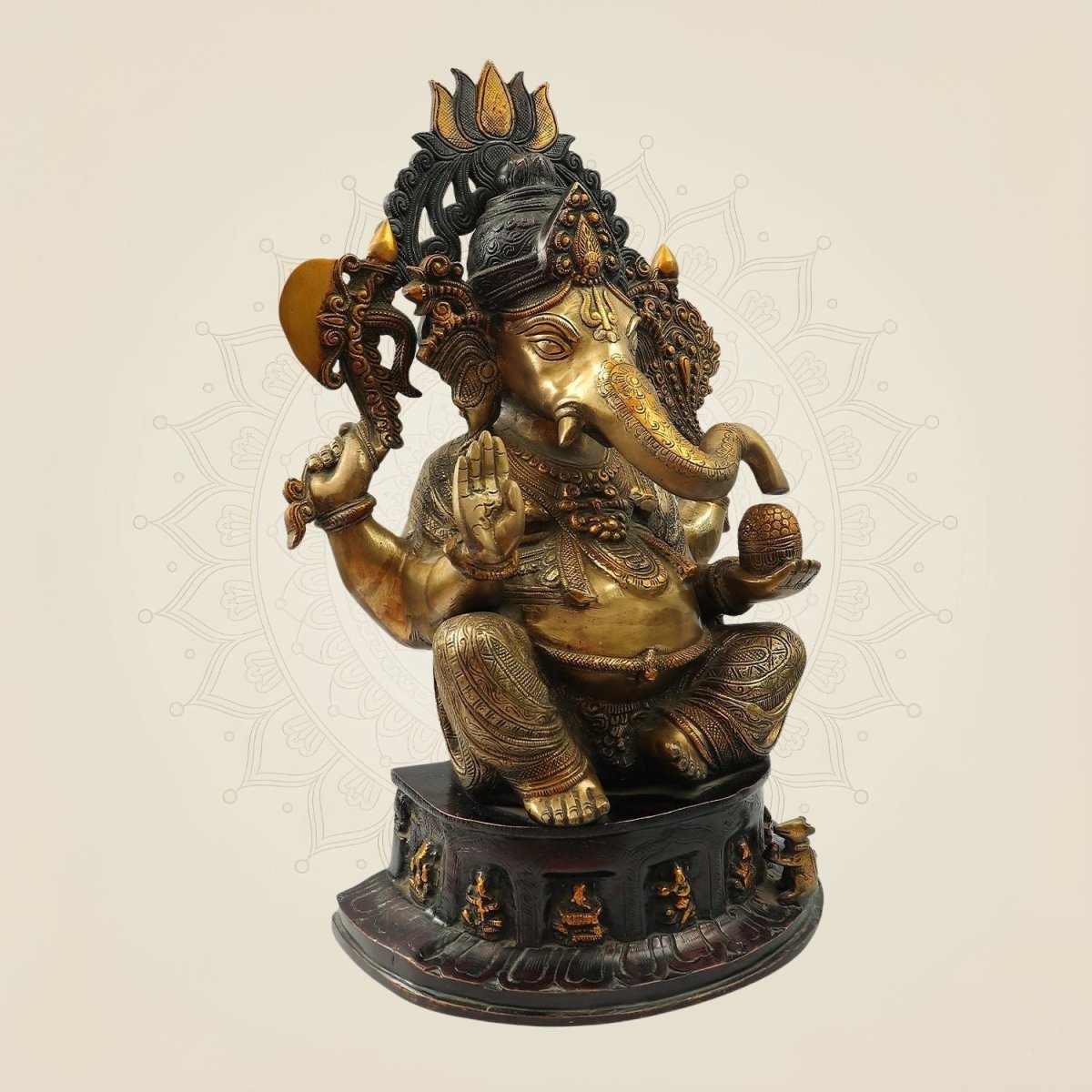 Seated Chaturbhuja Lord Ganesha Idol in Brass – Handmade Temple Statue 22.25" - Luxeartisanship