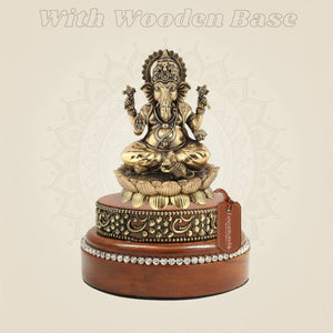 Seated Lord Ganesh Brass Idol 4" on Carved Wooden Base for Pooja - Luxeartisanship