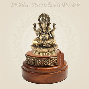 Seated Lord Ganesh Brass Idol 4" on Carved Wooden Base for Pooja - Luxeartisanship