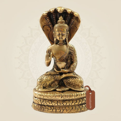 Serene Brass Buddha under Naga Hood – Spiritual Idol for Home & Temple 7.75"
