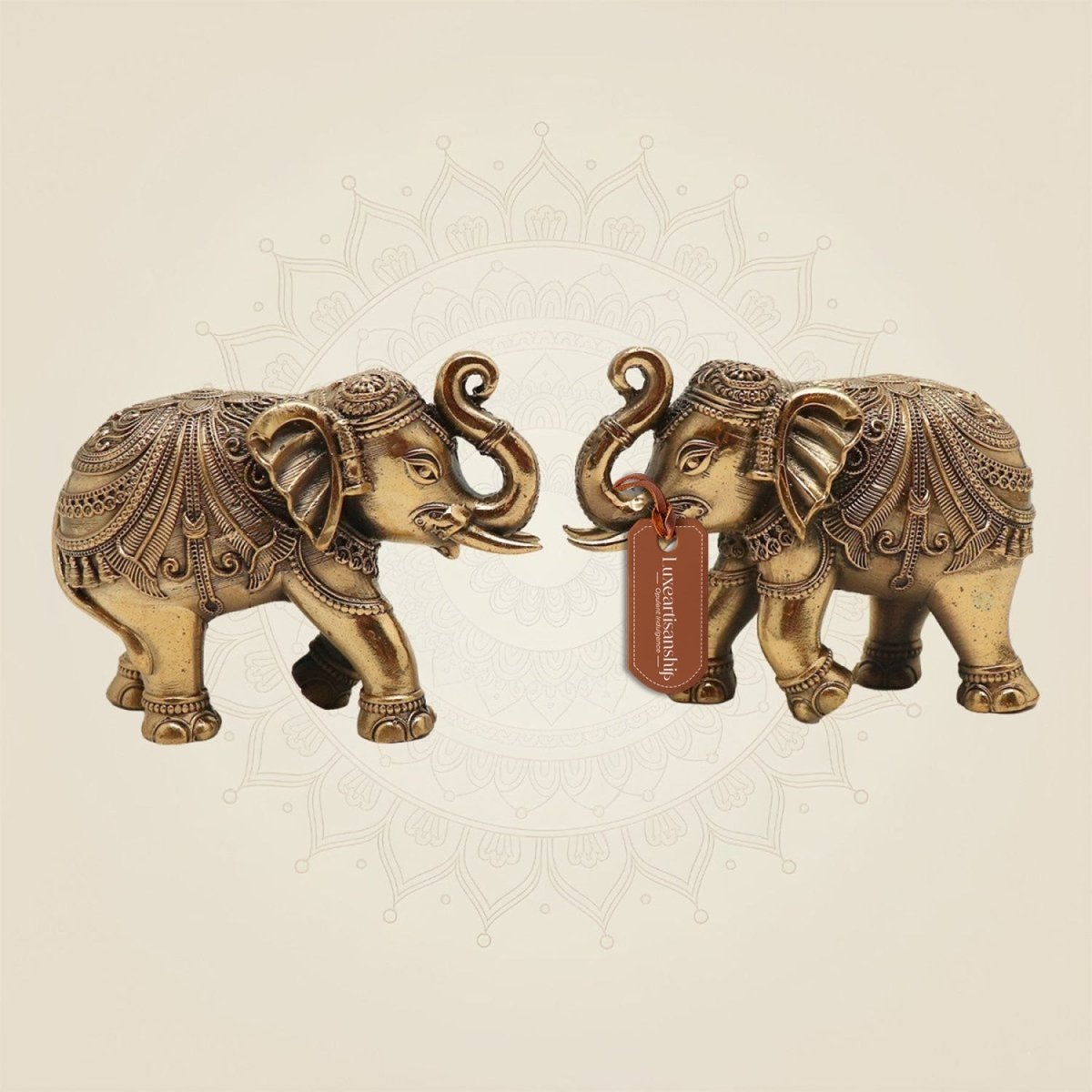 Set of 2 Trunk Elephant Brass Statue