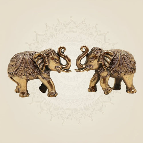 Set of 2 Trunk-Up Elephant Brass Figurines 4.75" – Handcrafted Decorative Showpiece