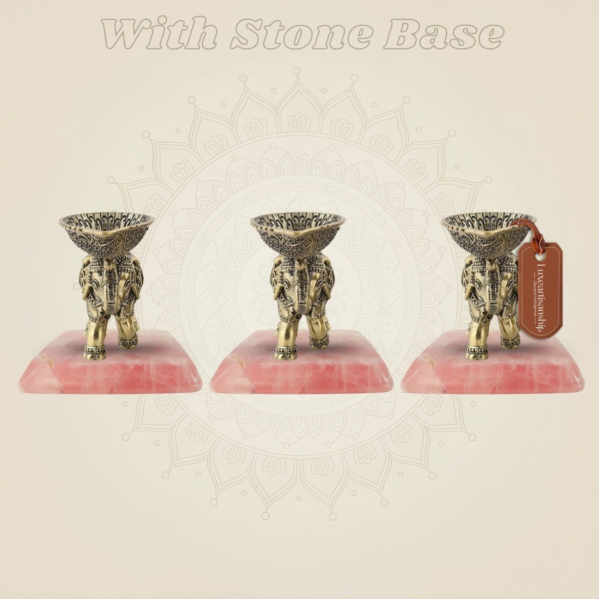 Set of 3 Elephant Diya on stone base