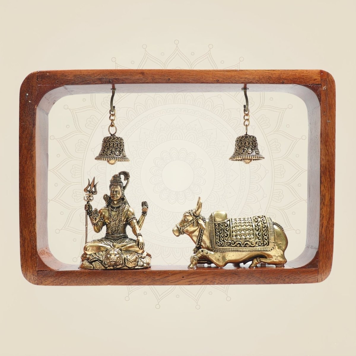 Shiva Brass Idol with Nandi in Frame with Hanging Bells 8.25" - Luxeartisanship