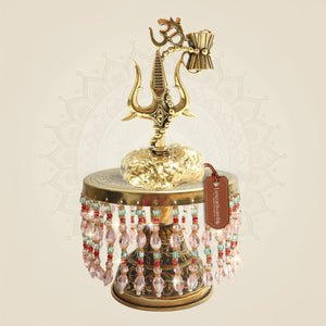Shiva Trishul Brass Showpiece with Om and Damru on Chowki 9" - Luxeartisanship