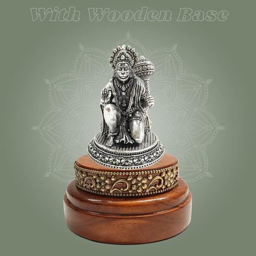 Silver-Plated 4" Hanuman Idol Crafted in  Brass with Round Wooden Base