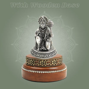Silver - Plated 4″ Hanuman Idol Crafted in Brass with Round Wooden Base - Luxeartisanship