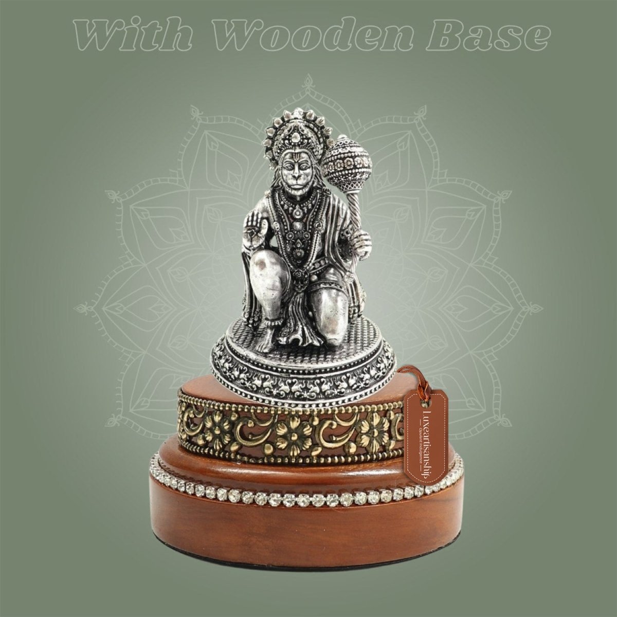 Silver - Plated 4″ Hanuman Idol Crafted in Brass with Round Wooden Base - Luxeartisanship