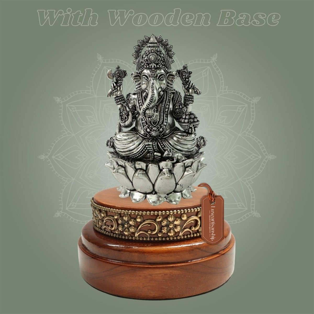 Silver - Plated Brass Chaturbhuja Ganesh Idol 5″ with Round Wooden Base - Luxeartisanship