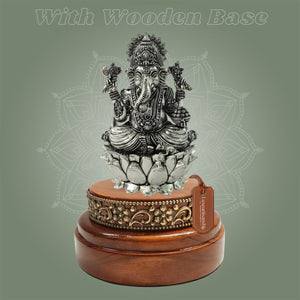Silver - Plated Brass Chaturbhuja Ganesh Idol 5″ with Round Wooden Base - Luxeartisanship