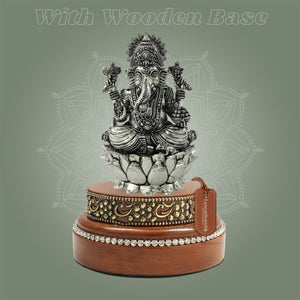 Silver - Plated Brass Chaturbhuja Ganesh Idol 5″ with Round Wooden Base - Luxeartisanship