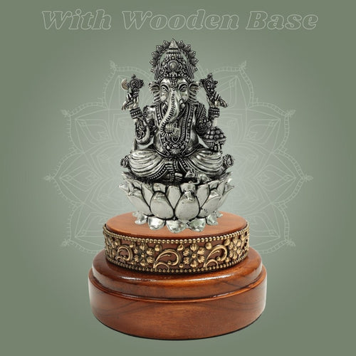 Silver-Plated Brass Chaturbhuja Ganesh Idol 5" with Round Wooden Base