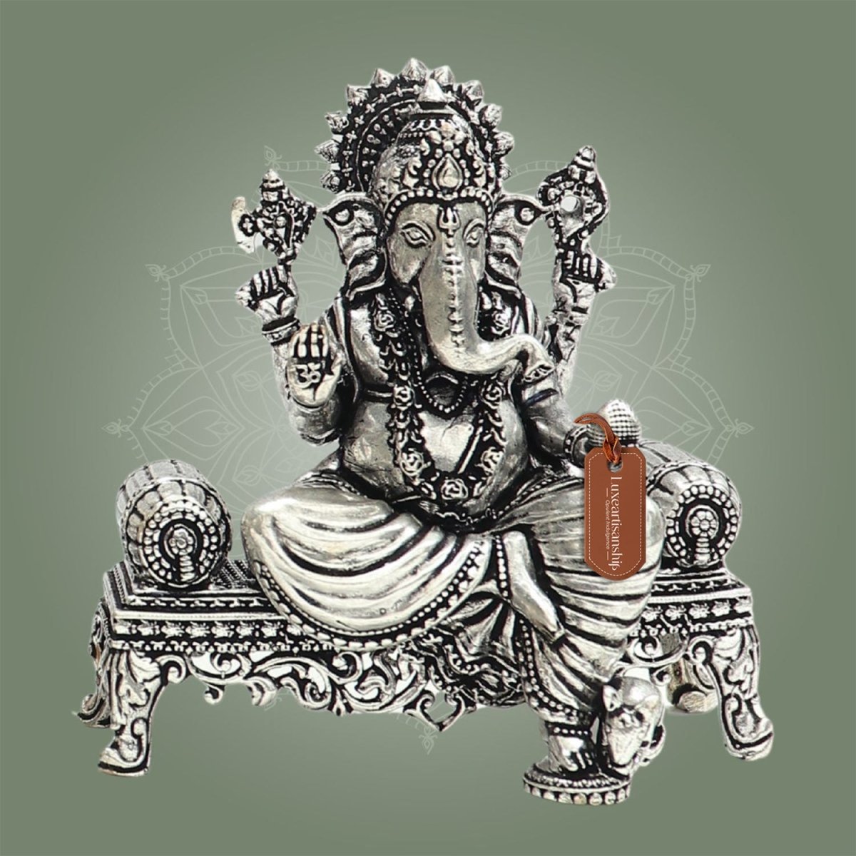 Silver Plated Ganesha Brass Idol, Home Mandir Idol, Puja Murti 3.5" - Luxeartisanship