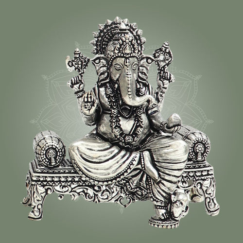 Silver Plated Ganesha Brass Idol, Home Mandir Idol, Puja Murti 3.5"